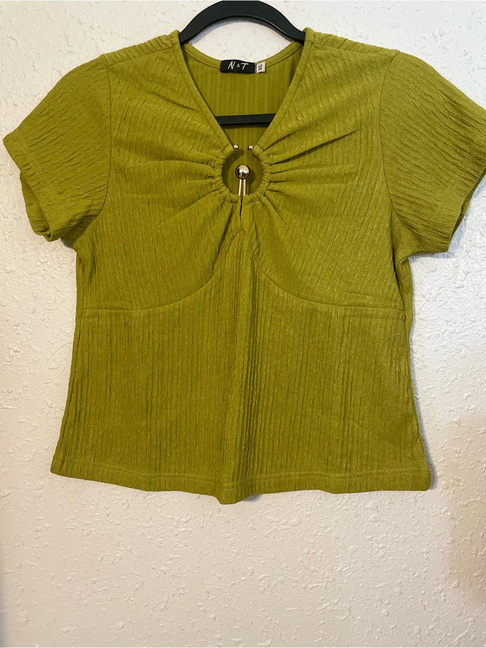 Olive Short Sleeve Keyhole Tee with Gold Accent